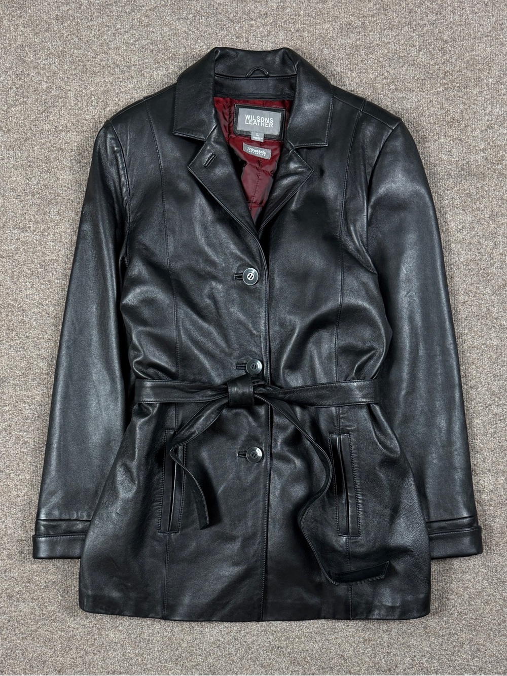 Vintage Wilsons Black Genuine Leather Button Front Belted Jacket Women’s L 90s
